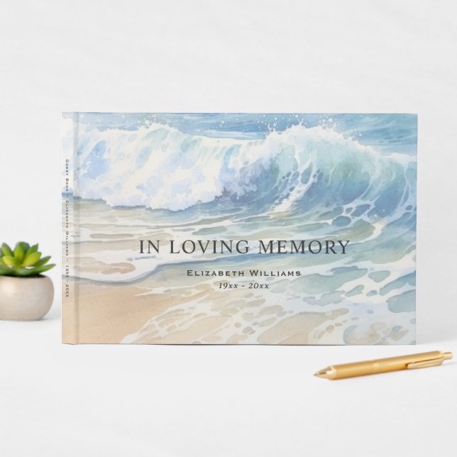 Watercolor Sea Ocean Waves Funeral Guest Book (InSitu Display)