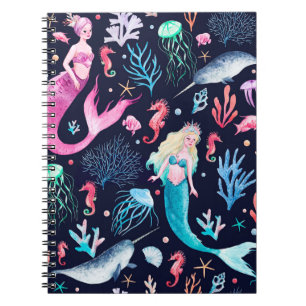 Watercolor sea pattern with mermaids, corals, seah notebook
