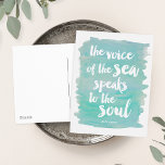 Watercolor Sea Quote Postcard<br><div class="desc">“The voice of the sea speaks to the soul.” Features the quote from Kate Chopin’s “The Awakening” in a brushstroke font on a dreamy seaglass watercolor background. Perfect for beach lovers,  beach houses,  or anyone who feels inspired by the ocean!</div>
