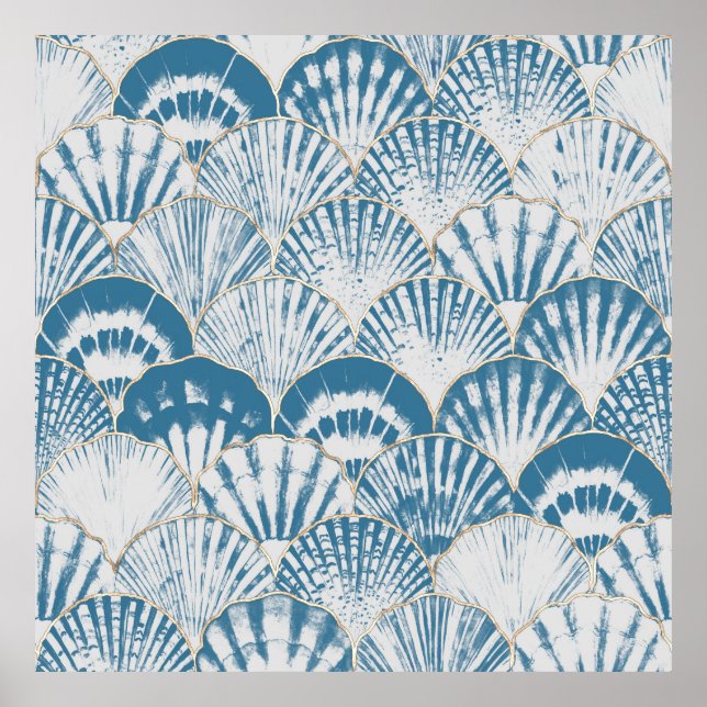 Watercolor sea shell japanese waves seamless patte poster (Front)