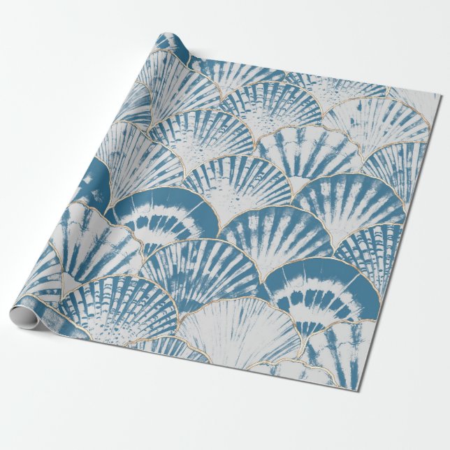 Watercolor sea shell japanese waves seamless patte wrapping paper (Unrolled)