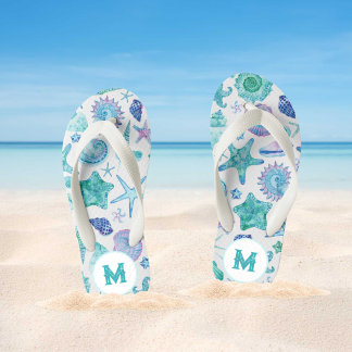 Watercolor Sea Shells and Starfish Monogram Kid's Jandals