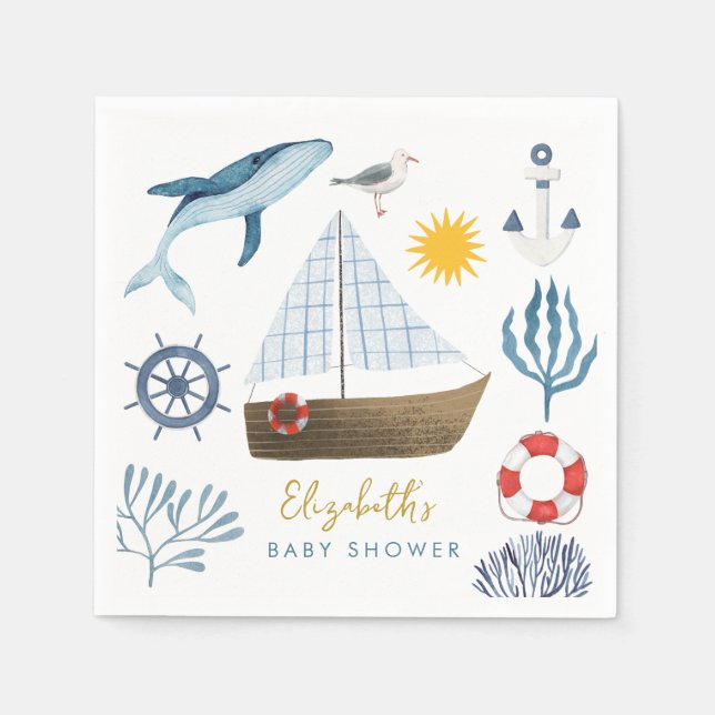 Watercolor Sea Ship,Sailor Whale Sea Baby Shower  Napkin (Front)