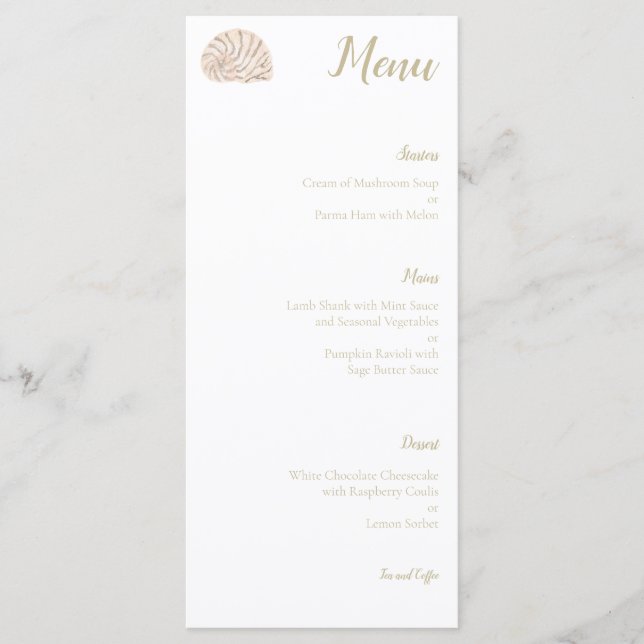 Watercolor Sea Snail Shell Wedding Menu (Front)
