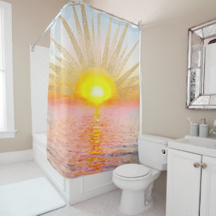 Watercolor Sea Sunset Gold Sun Doodles Mandala Shower Curtain