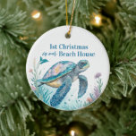 Watercolor Sea Turtle 1st Christmas Beach House Ceramic Tree Decoration<br><div class="desc">Watercolor sea turtle ornament with the text "1st Christmas in our beach house" in blue and green colours for a Coastal Christmas. Personalise it with your family name or a message and the year on the back.</div>