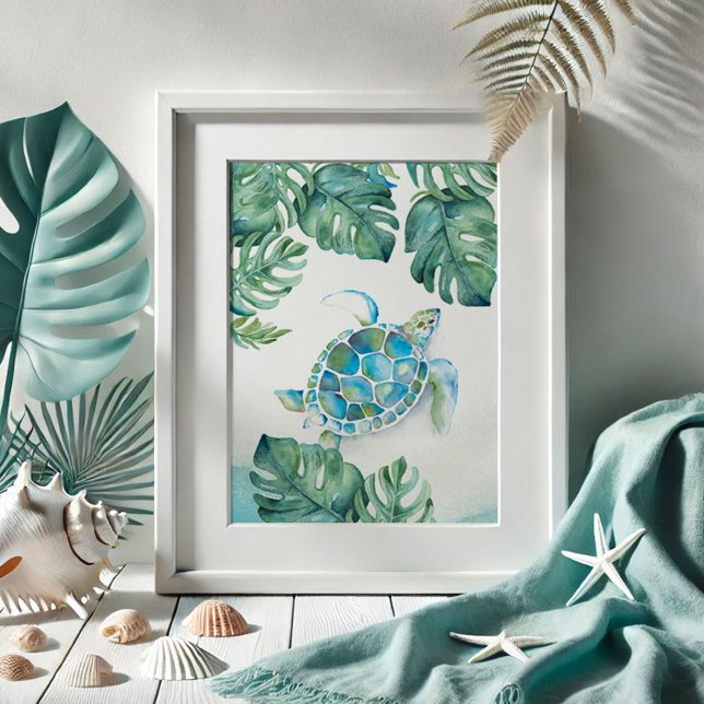 Watercolor Sea Turtle and Monstera Leaves Poster (beach pictures watercolor sea turtle drawing with monstera palm leaves print by Victoria Grigaliunas)