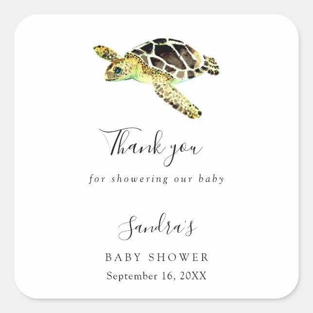 Watercolor Sea Turtle Baby Shower Custom Favour  Square Sticker (Front)