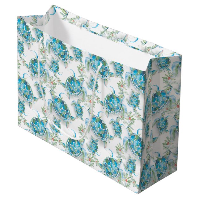 Watercolor Sea Turtle Beach Christmas Large Gift Bag (Front Angled)