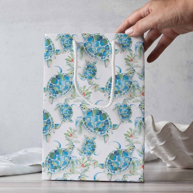 Watercolor Sea Turtle Beach Christmas Medium Gift Bag (Sea turtle gifts for her bag features art and design by Victoria Grigaliunas of Do Tell A Belle)