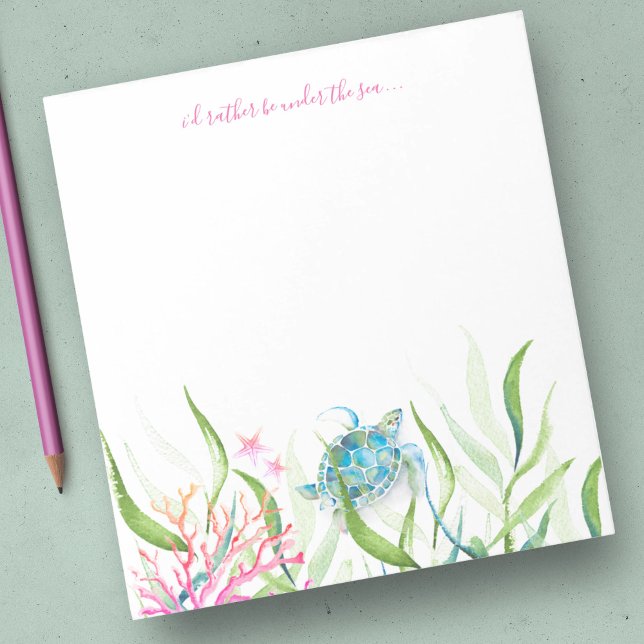 Watercolor Sea Turtle Beach Stationery Notepad (Notepad features watercolor sea turtle, coral, starfish underwater botanicals Victoria Grigaliunas)