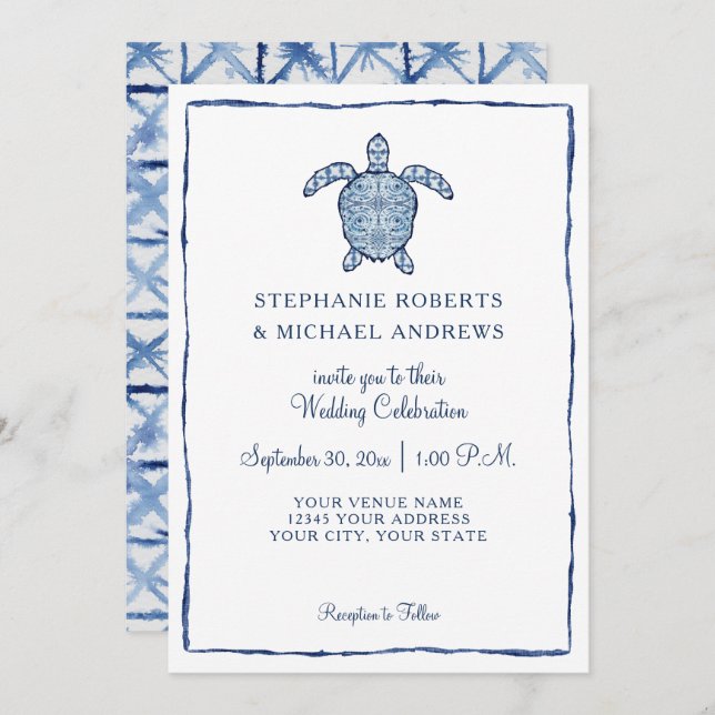Watercolor Sea Turtle Beach Wedding Shibori Indigo Invitation (Front/Back)