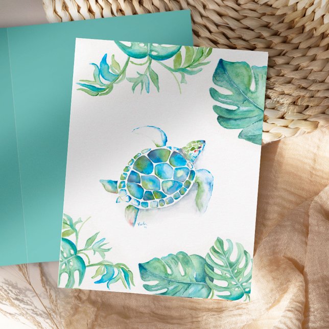 Watercolor Sea Turtle Blank Card (Sea turtle thank you cards blank with palm leaves watercolor art by Victoria Grigaliunas)
