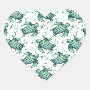 watercolor sea turtle green blue pattern animal heart sticker