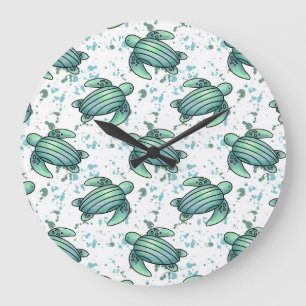 watercolor sea turtle green blue pattern animal large clock