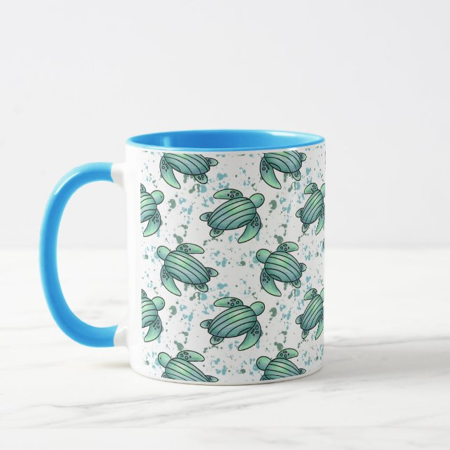 watercolor sea turtle green blue pattern animal mug (Left)