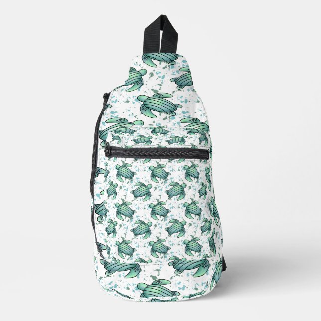 watercolor sea turtle green blue pattern animal sling bag (Front)