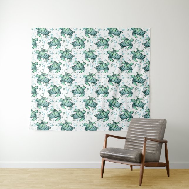 watercolor sea turtle green blue pattern animal tapestry (In Situ (Horizontal))