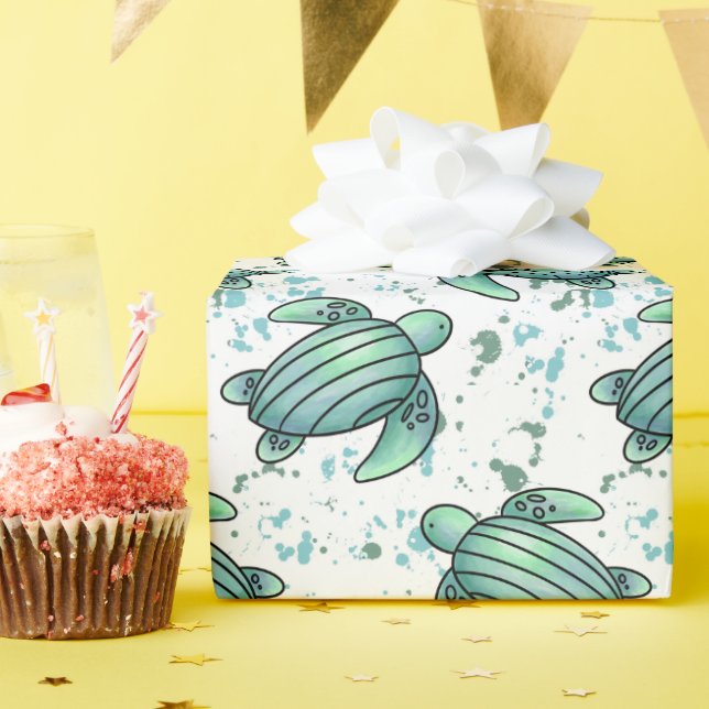watercolor sea turtle green blue pattern animal wrapping paper (Birthday Party)