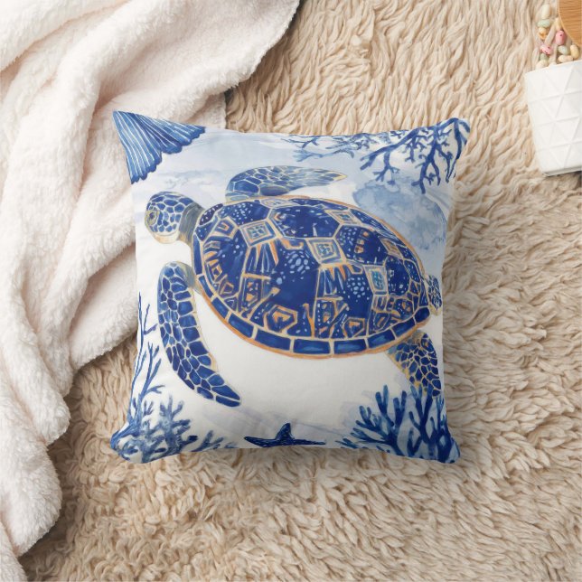 Watercolor Sea Turtle Ocean Blue Cushion (Blanket)