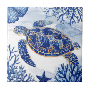 Watercolor Sea Turtle Ocean Blue Tile