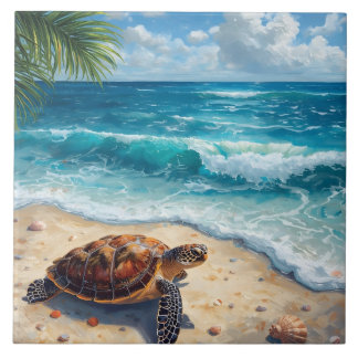 Watercolor Sea Turtle on Sandy Tropical Beach  Tile
