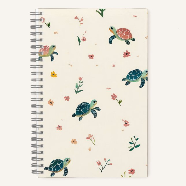 Watercolor Sea Turtle Pattern Cute Coastal Floral  Notebook (Front)