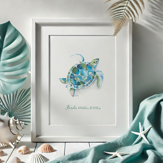 Watercolor Sea Turtle Poster (Beach pictures watercolor sea turtle drawing coastal art by Victoria Grigaliunas of Do Tell A Belle )