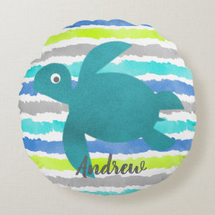 Watercolor Sea Turtle Shibori Stripes and Wave Round Cushion