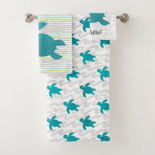 Watercolor Sea Turtle Shibori Wave and Stripes Bath Towel Set