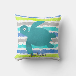 Watercolor Sea Turtle Shibori Wave And Stripes Cushion