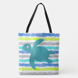 Watercolor Sea Turtle Shibori Wave And Stripes Tote Bag