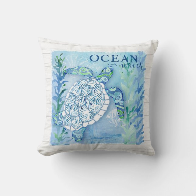 Watercolor Sea Turtle Triangle Pattern Shell Beach Cushion (Front)