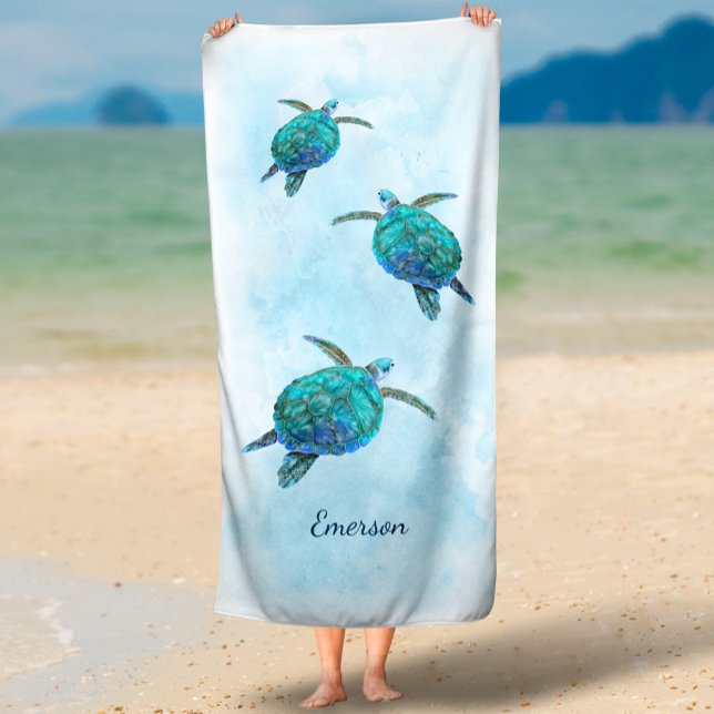 Watercolor Sea Turtle Tropical Ocean  Beach Towel (Creator Uploaded)