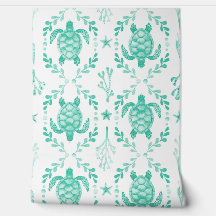 Watercolor Sea Turtles and Coral in Mint Green