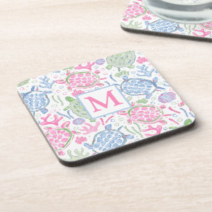 Watercolor Sea Turtles Coastal Ocean Monogram Coaster