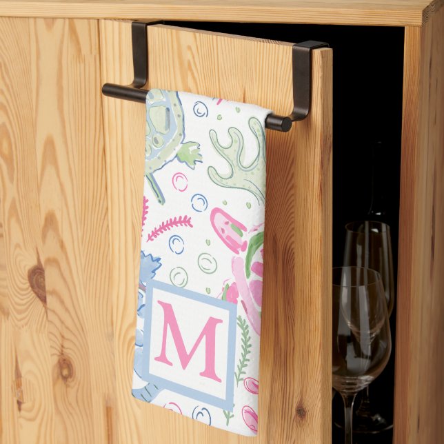 Watercolor Sea Turtles Coastal Ocean Monogram Tea Towel (Thirds Fold)