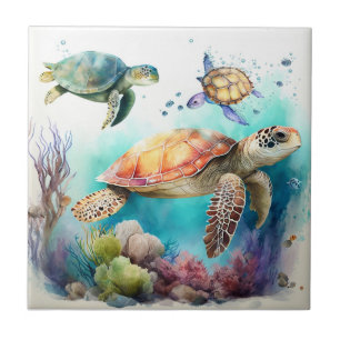 Watercolor Sea Turtles & Coral Reef Ceramic Tile