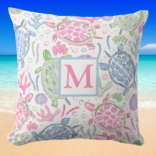 Watercolor Sea Turtles Monogram / Coastal Ocean Cushion