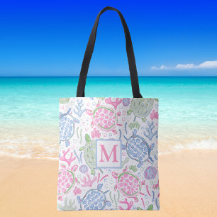 Watercolor Sea Turtles Monogram / Preppy Coastal Tote Bag