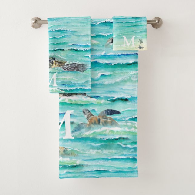 Watercolor Sea Turtles Ocean Monogram Bath Towel Set (Insitu)