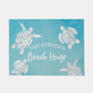 Watercolor Sea Turtles Teal Blue Personalised Doormat