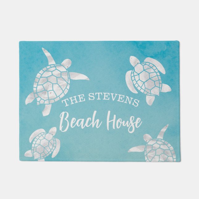 Watercolor Sea Turtles Teal Blue Personalised Doormat (Front)