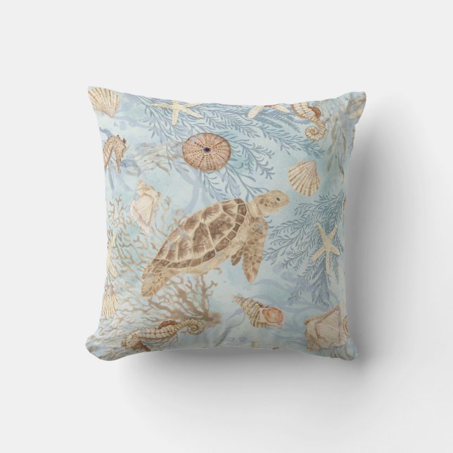 Watercolor Sea Whispers Turtle Seahorse Starfish Cushion (Front)