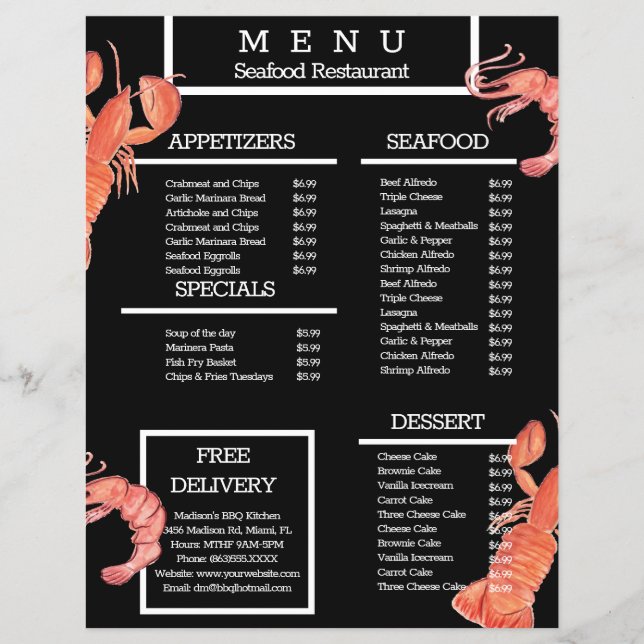 Watercolor Seafood Crab Grill Restaurant Menu (Front)