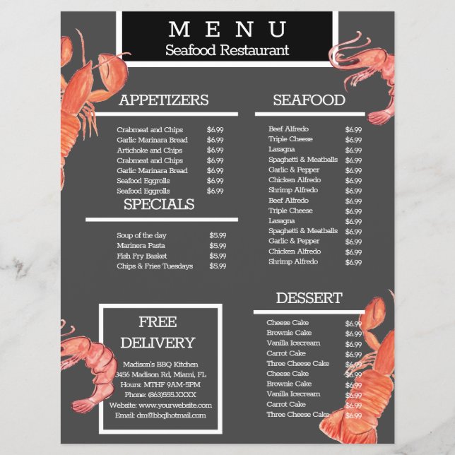 Watercolor Seafood Crab Grill Restaurant Menu (Front)