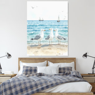  Watercolor Seagulls at the Beach Coastal Custom Canvas Print