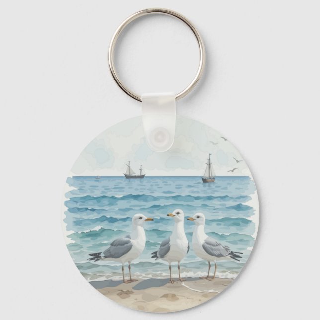  Watercolor Seagulls at the Beach Coastal Custom Key Ring (Front)