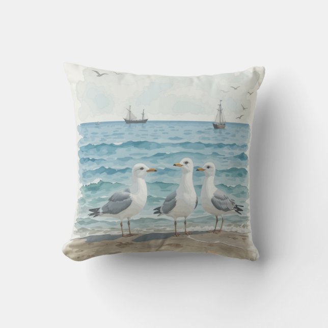  Watercolor Seagulls at the Beach Coastal Ocean Cushion (Front)