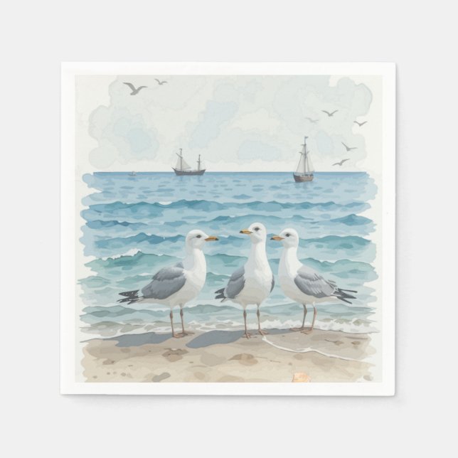  Watercolor Seagulls at the Beach Coastal Ocean Napkin (Front)